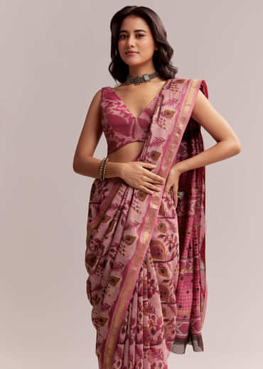 Pink Linen Printed Saree With Traditional Ajrakh Hand Block Print