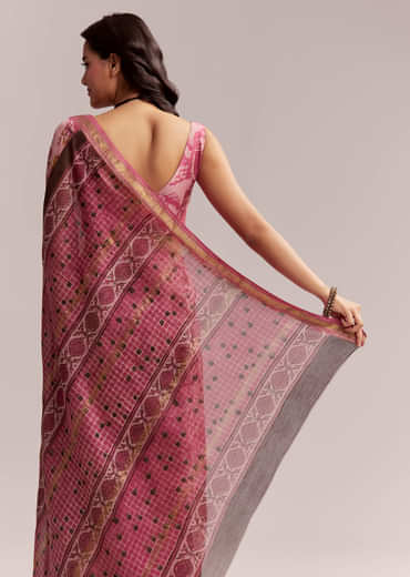 Pink Linen Printed Saree With Traditional Ajrakh Hand Block Print