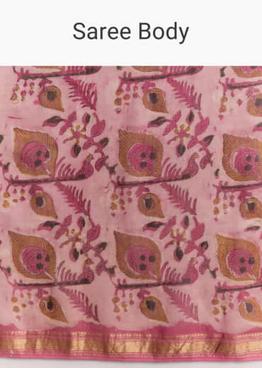 Pink Linen Printed Saree With Traditional Ajrakh Hand Block Print