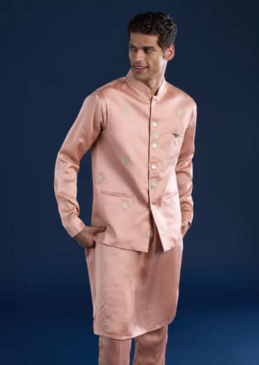 Pink Linen Silk Jacket Kurta Set with Zari Work