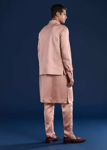 Pink Linen Silk Jacket Kurta Set with Zari Work