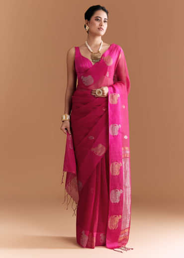 Pink Linen Woven Saree With Brocade And Zari Work