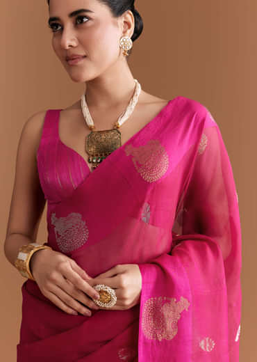 Pink Linen Woven Saree With Brocade And Zari Work
