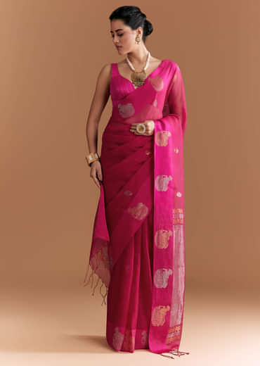 Pink Linen Woven Saree With Brocade And Zari Work