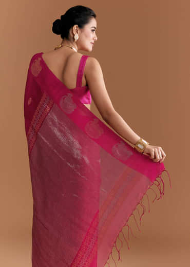Pink Linen Woven Saree With Brocade And Zari Work