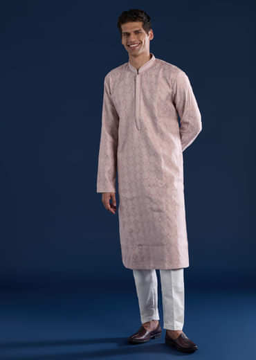 Pink Mens Jacquard Self Work Straight Kurta and Pant Set