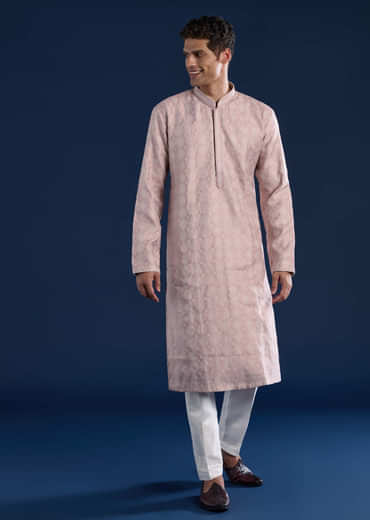 Pink Mens Jacquard Self Work Straight Kurta and Pant Set