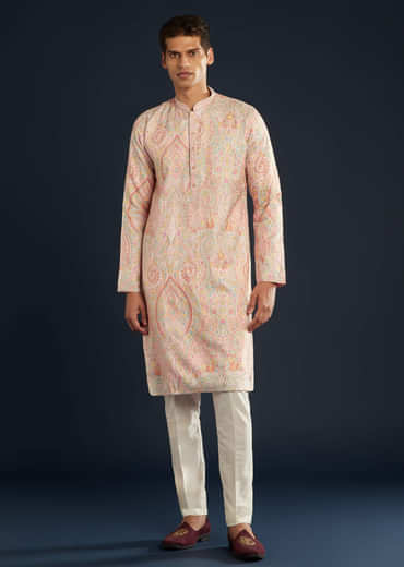 Pink Mens Kurta Set with Resham Thread Embroidery