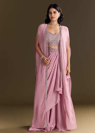 Pink Mirror Sequin Embroidered Croptop Skirt With Cape