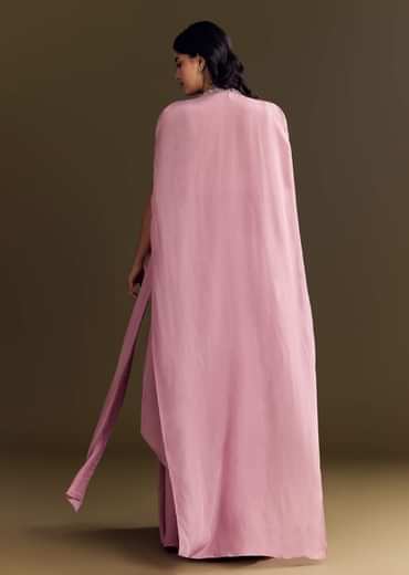 Pink Mirror Sequin Embroidered Croptop Skirt With Cape