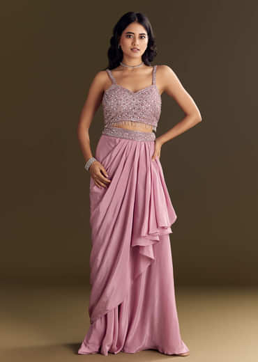 Pink Mirror Sequin Embroidered Croptop Skirt With Cape