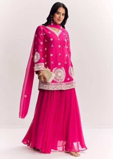 Pink Moti Work Short Kurta Palazzo Suit With Organza Dupatta