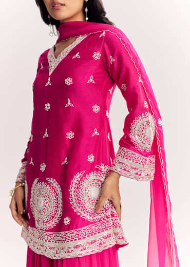 Pink Moti Work Short Kurta Palazzo Suit With Organza Dupatta