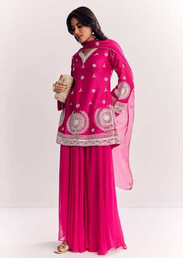 Pink Moti Work Short Kurta Palazzo Suit With Organza Dupatta
