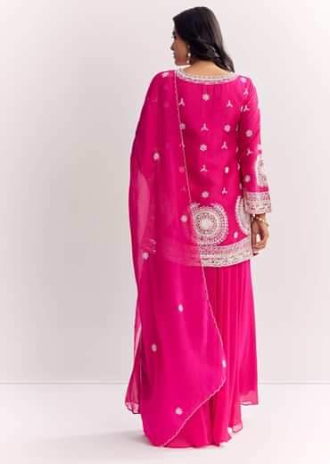 Pink Moti Work Short Kurta Palazzo Suit With Organza Dupatta