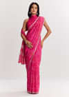 Pink Muslin Bandhani Printed Saree With Zari And Mirror Embroidery
