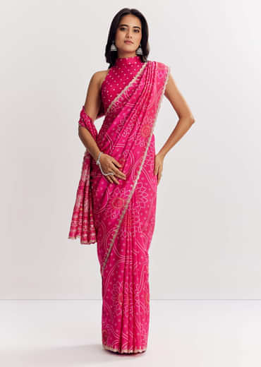 Pink Muslin Bandhani Printed Saree With Zari And Mirror Embroidery