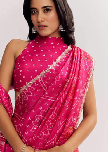 Pink Muslin Bandhani Printed Saree With Zari And Mirror Embroidery