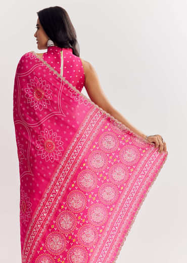 Pink Muslin Bandhani Printed Saree With Zari And Mirror Embroidery