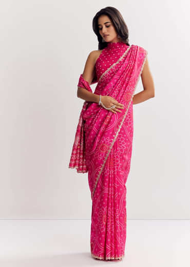Pink Muslin Bandhani Printed Saree With Zari And Mirror Embroidery