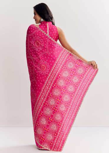 Pink Muslin Bandhani Printed Saree With Zari And Mirror Embroidery