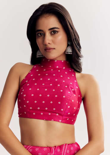 Pink Muslin Bandhani Printed Saree With Zari And Mirror Embroidery