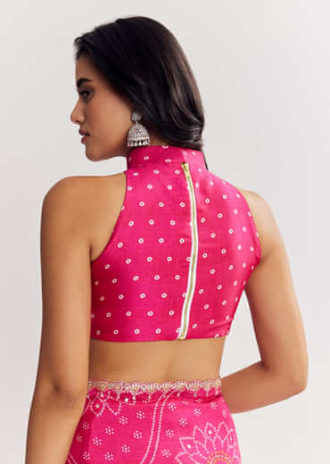 Pink Muslin Bandhani Printed Saree With Zari And Mirror Embroidery
