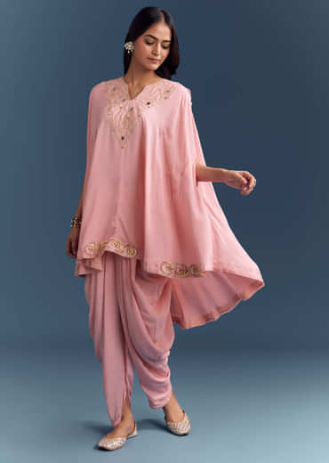 Pink Muslin Cape Top And Dhoti Set With Gota Work