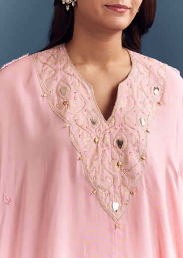 Pink Muslin Cape Top And Dhoti Set With Gota Work