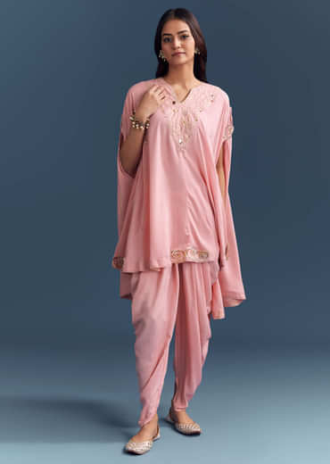 Pink Muslin Cape Top And Dhoti Set With Gota Work
