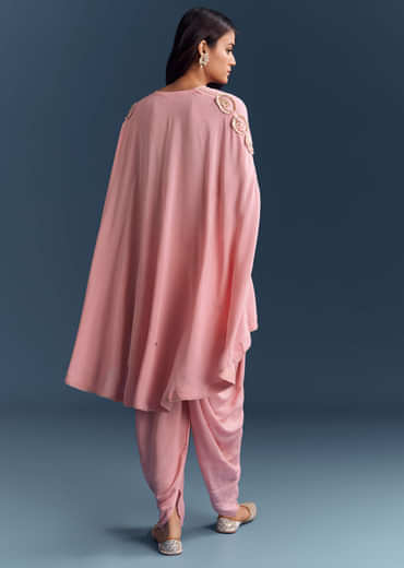 Pink Muslin Cape Top And Dhoti Set With Gota Work