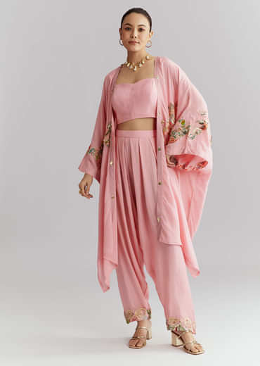 Pink Muslin Crop Top And Jacket Set With Gotta Work