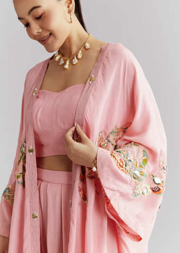 Pink Muslin Crop Top And Jacket Set With Gotta Work
