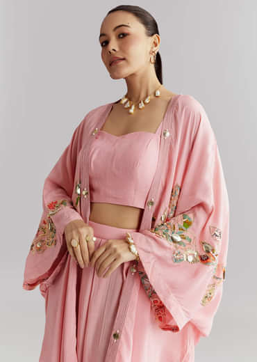 Pink Muslin Crop Top And Jacket Set With Gotta Work