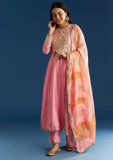 Pink Muslin Gotta Work Anarkali With Gotta Lace Pant And Dupatta