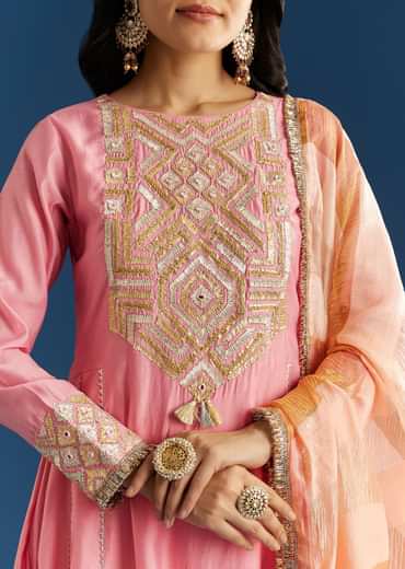 Pink Muslin Gotta Work Anarkali With Gotta Lace Pant And Dupatta