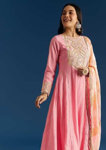 Pink Muslin Gotta Work Anarkali With Gotta Lace Pant And Dupatta