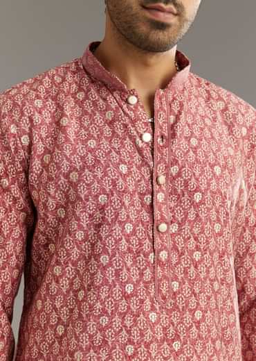 Pink Muslin Kurta Set With Symmetric Prints
