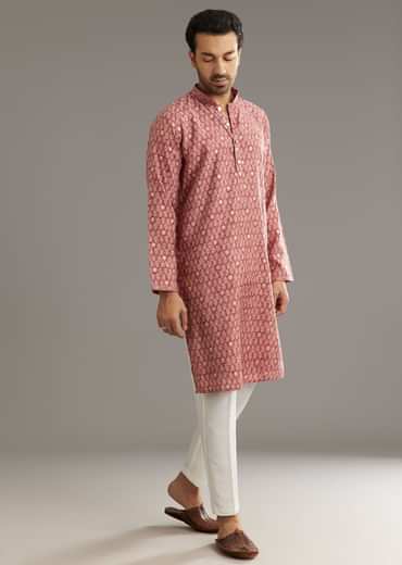 Pink Muslin Kurta Set With Symmetric Prints