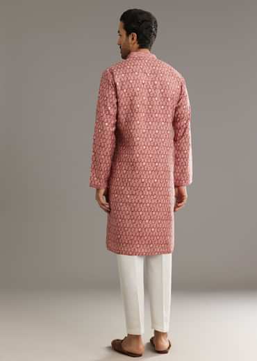 Pink Muslin Kurta Set With Symmetric Prints