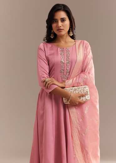 Pink Muslin Mirror Embroidered Anarkali Set