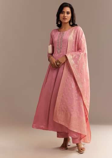 Pink Muslin Mirror Embroidered Anarkali Set