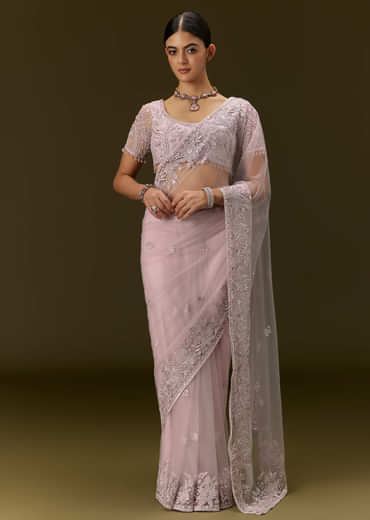 Pink Net Saree With All Over Embroidery