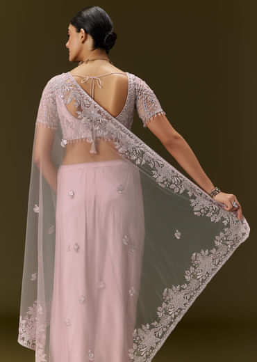 Pink Net Saree With All Over Embroidery