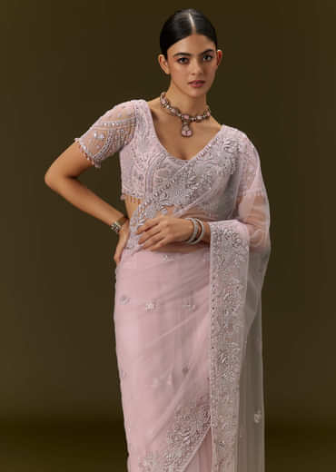Pink Net Saree With All Over Embroidery
