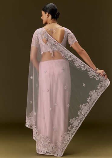Pink Net Saree With All Over Embroidery
