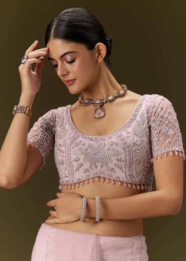 Pink Net Saree With All Over Embroidery