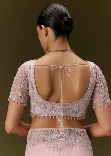 Pink Net Saree With All Over Embroidery