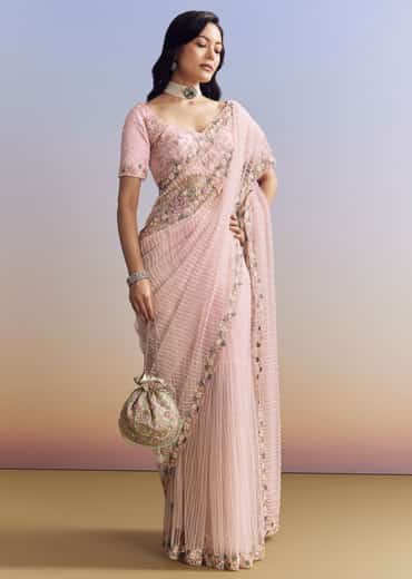 Pink Net Saree With Pastel Floral Embroidery And Resham Detailing