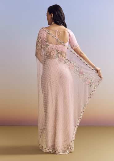 Pink Net Saree With Pastel Floral Embroidery And Resham Detailing
